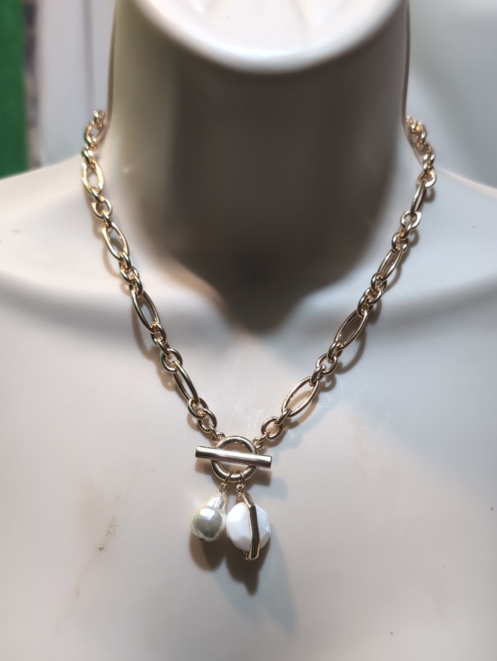 Gold Chain Necklace with White Pearl Charms